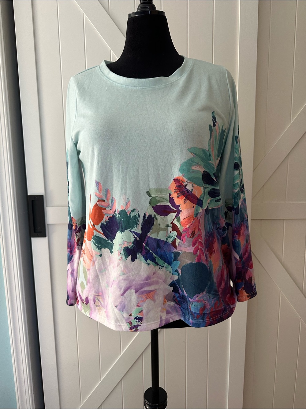 Soft Surroundings Floral Border Print Long Sleeve Top Women’s PL Petite Large